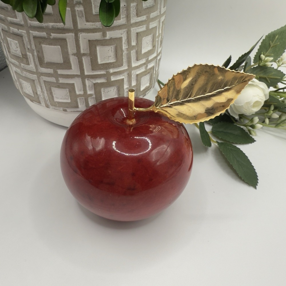 Vintage Italian Alabaster Apple Ducceschi ABASI Gold Leaf Kitchen Decor